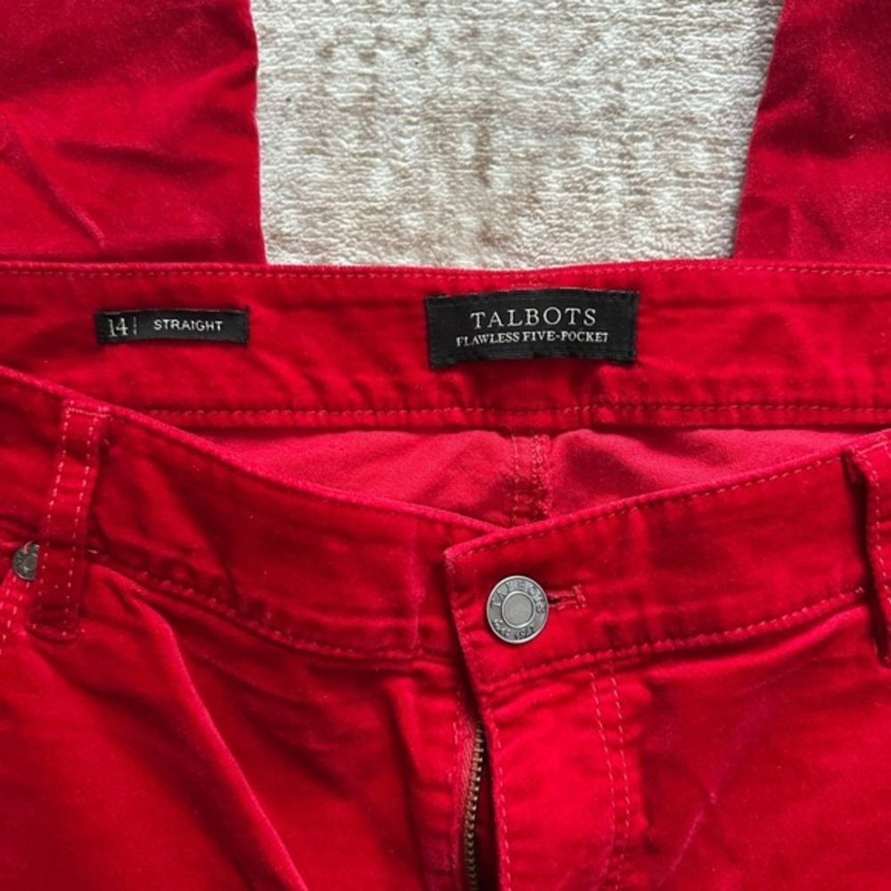 Talbots Womens 14 Straight Leg Red Velour Pants Flawless Five Pocket 30.5 Inseam